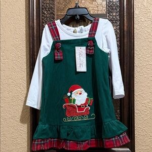 NWT Rare Too Green Corduroy Santa Corduroy Dress with White Onesie. 18 mos.